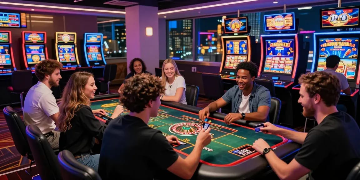 Players enjoying games at modern credit card casinos in a lively atmosphere filled with bright lights and excitement.