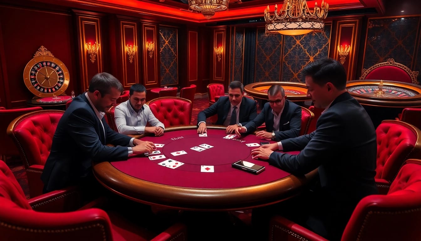 Okking-themed poker players strategizing in a luxurious casino setting.