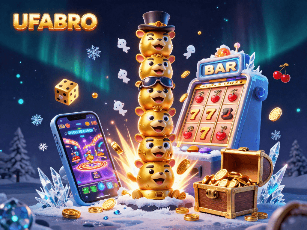 Experience the thrill of UFABRO with a dynamic scene featuring casino elements, jackpots, and vibrant animations.