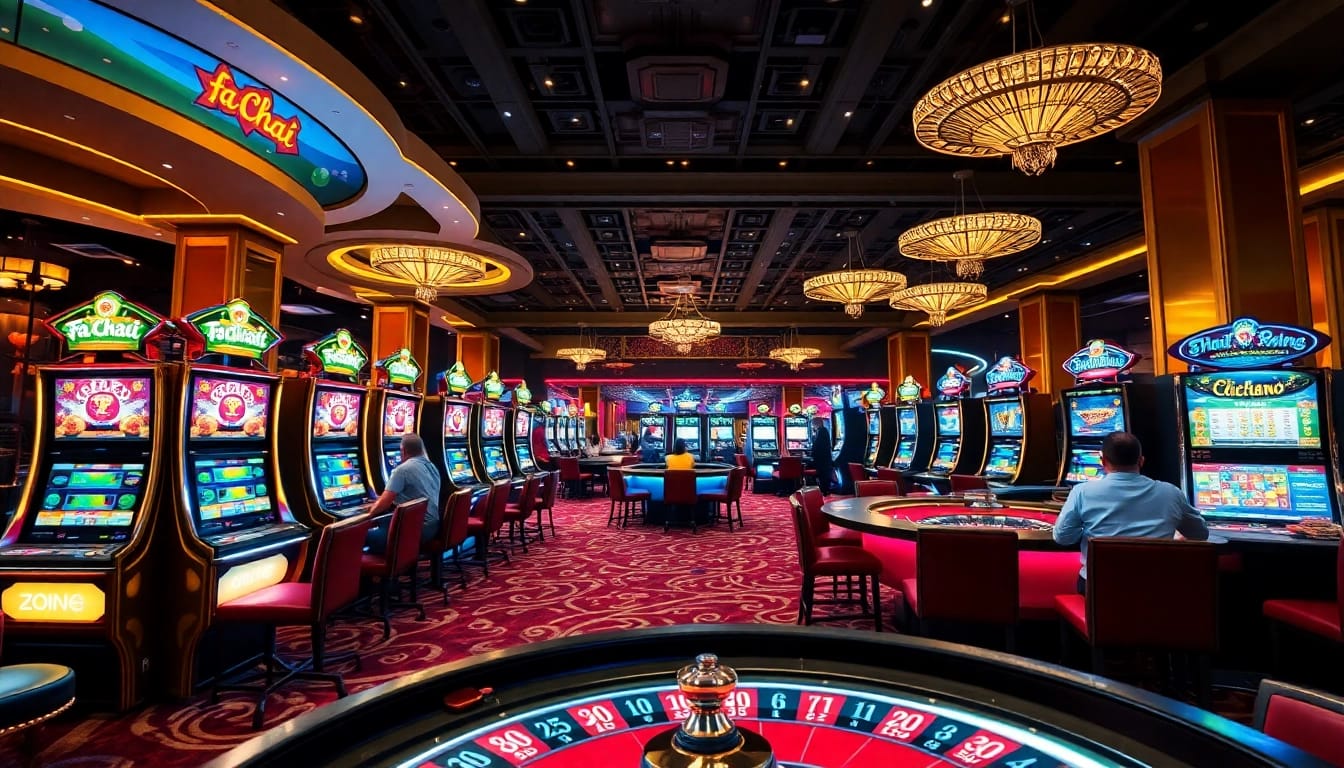 Experience the thrill of FaChai Gaming with an immersive casino scene featuring vibrant slot machines and engaging players.