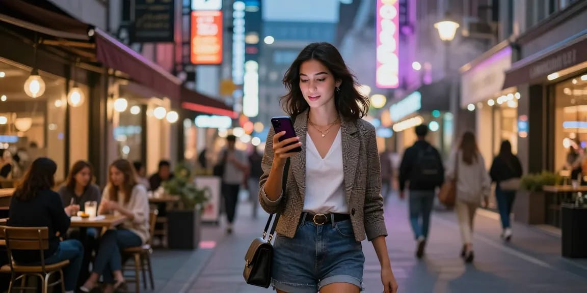 Gái gọi trong không gian đô thị nhộn nhịp ban đêm, tạo cảm giác thư giãn và thân thiện.
