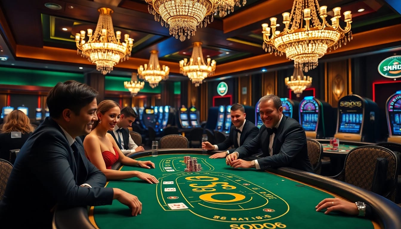Players strategizing at a SODO66 poker table in a luxurious casino ambiance.