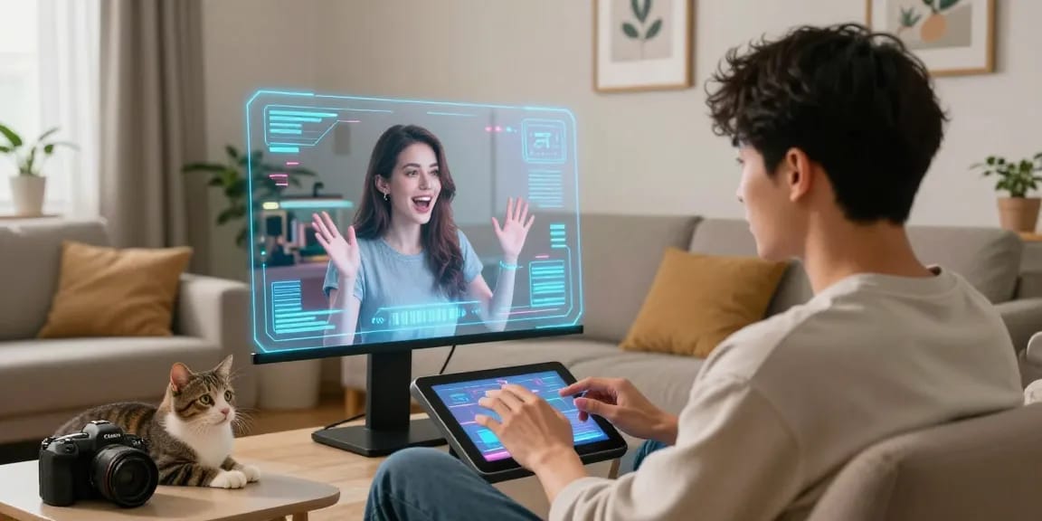 AI girlfriend character interacting with a user in a cozy home setting, showcasing virtual dating.