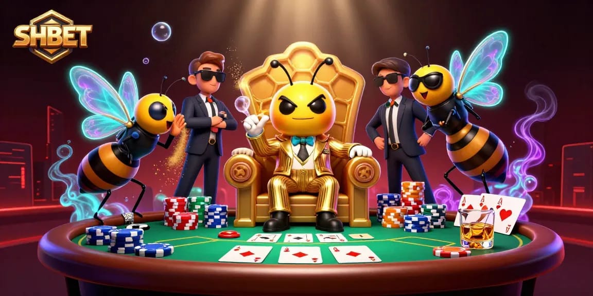 SHBET showcases an exciting 3D casino illustration, featuring a bumblebee mob boss and poker elements.