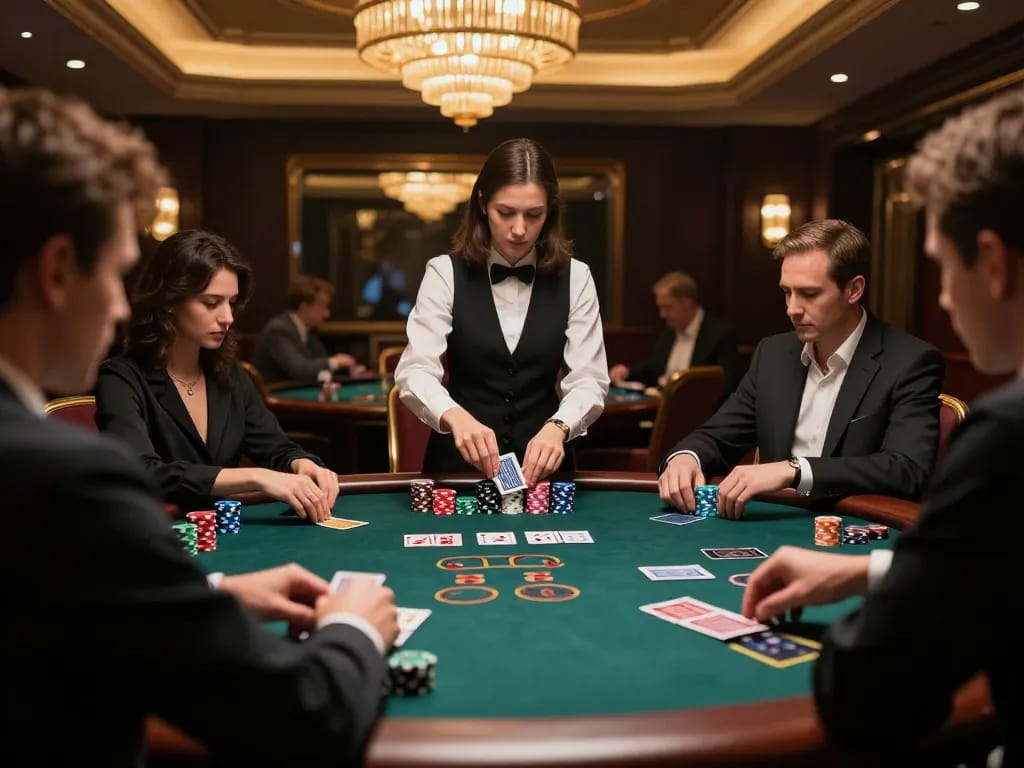 Play blackjack at taixiusunwin.art with players focused on strategy and stacked chips in a luxurious casino