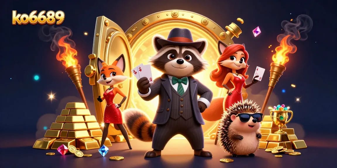 Experience thrilling games at ko6689 with a charming raccoon, fox lady, and bouncer in a bustling casino setting.