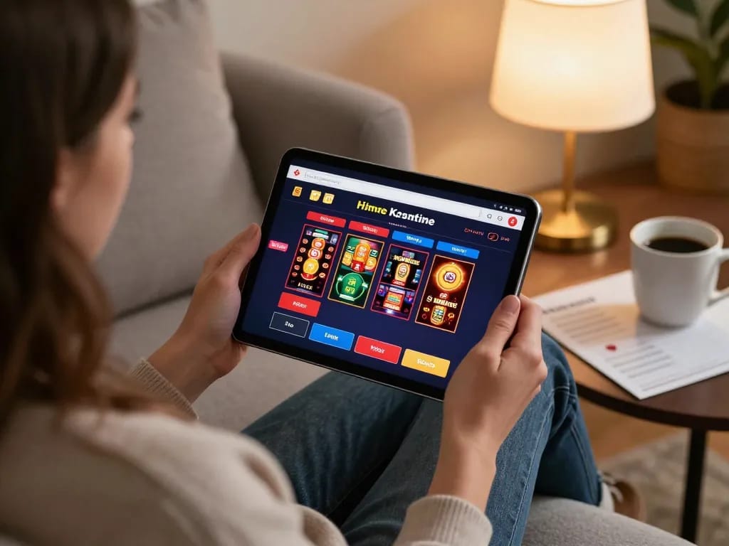 truy cập LUCKYWIN on a tablet, showcasing engaging online poker gameplay in a cozy home setting