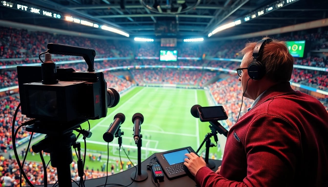 Engaging sports broadcasting scene with a dynamic announcer capturing the excitement of live games.