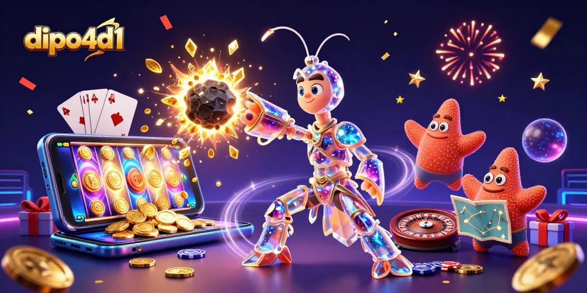 dipo4d1 menunjukkan perabotan kasino yang ceria dengan karakter samurai mantis berjuang melewati asteroid sambil menangkap koin emas.
