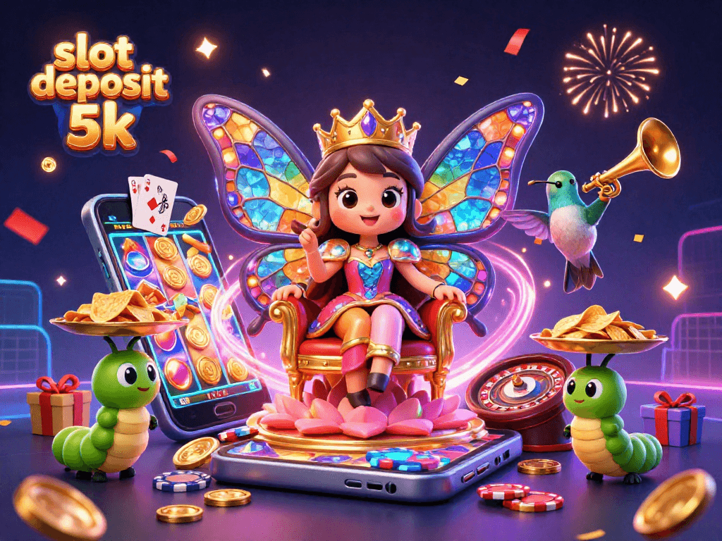 Engage in thrilling slot deposit 5k gameplay, featuring animated characters and casino elements.