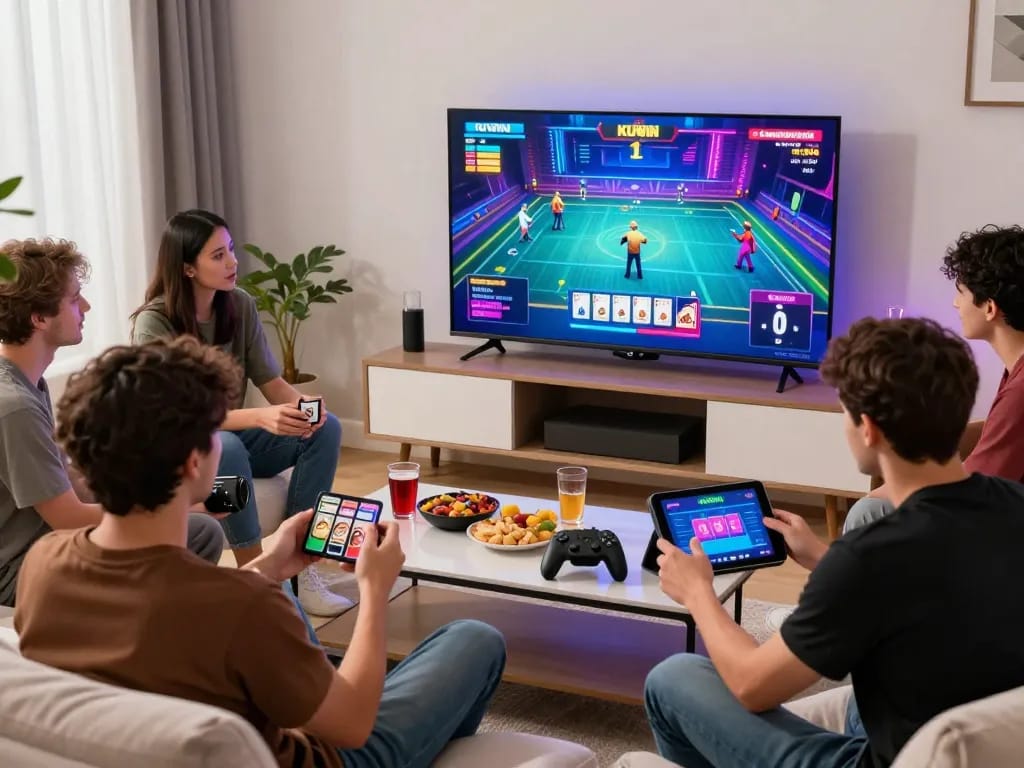 Exciting gaming atmosphere showcasing friends enjoying online card games from https://kuwincom.net/ with vibrant graphics and snacks.