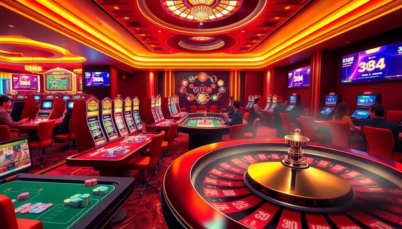 Experience the excitement of gambling with Jun 88's vibrant casino atmosphere showcasing roulette and slot games.