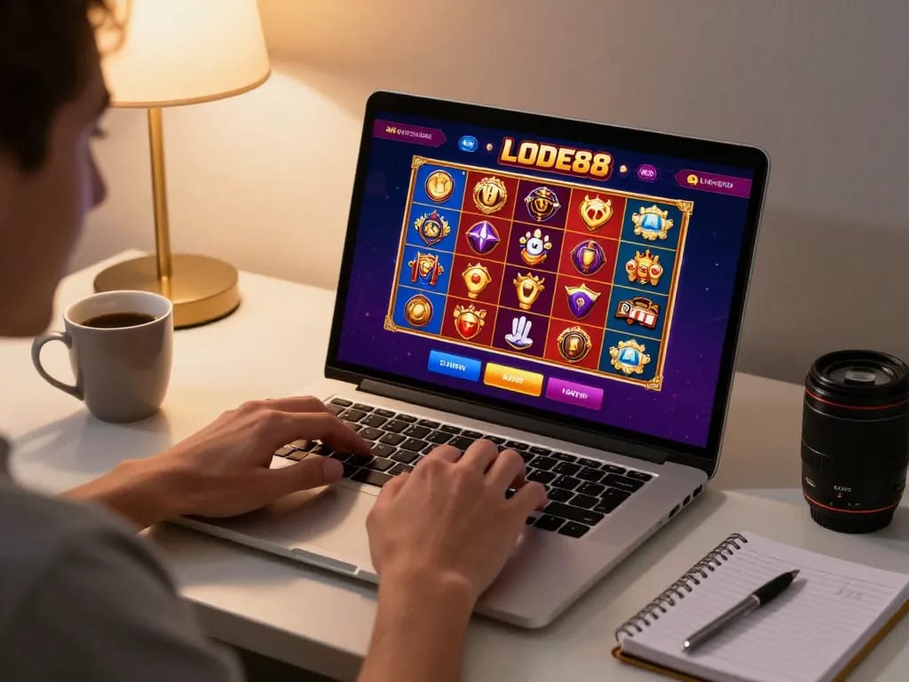 Player enjoying LODE88 online casino on laptop, showcasing vibrant gaming interface in cozy setting.