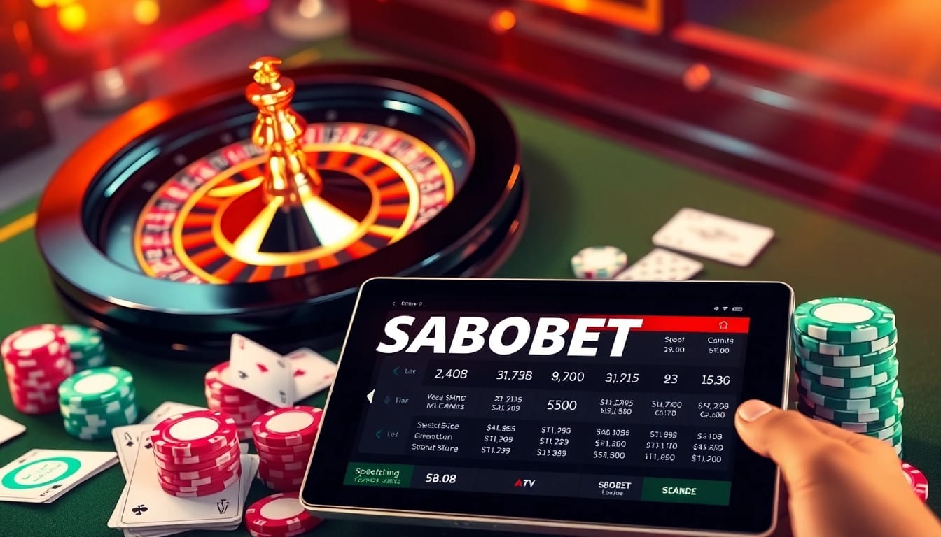SBOBET showcases a luxurious casino environment with roulette, poker chips, and live betting interface.