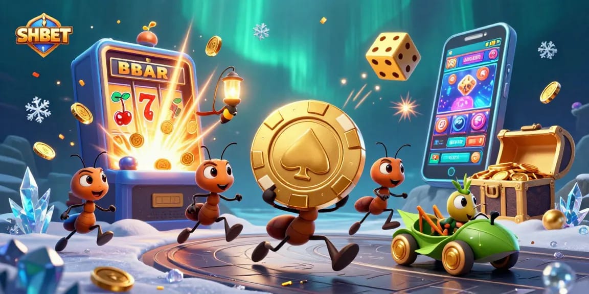 Experience the thrill of SHBET with a dynamic heist scene featuring cartoon ants and casino elements.