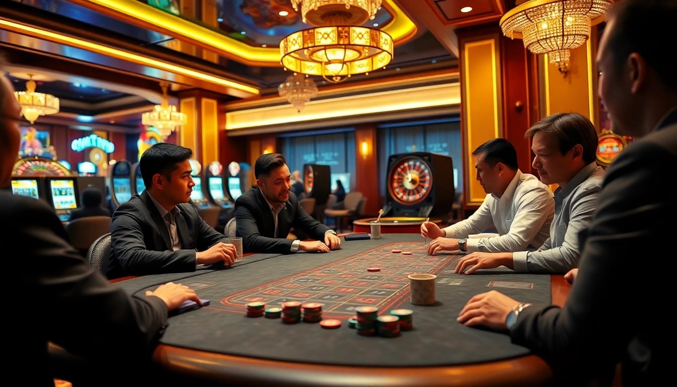 Players engaging at a luxurious poker table, showcasing gamebaidoithuong coffee elements in a thrilling casino atmosphere.