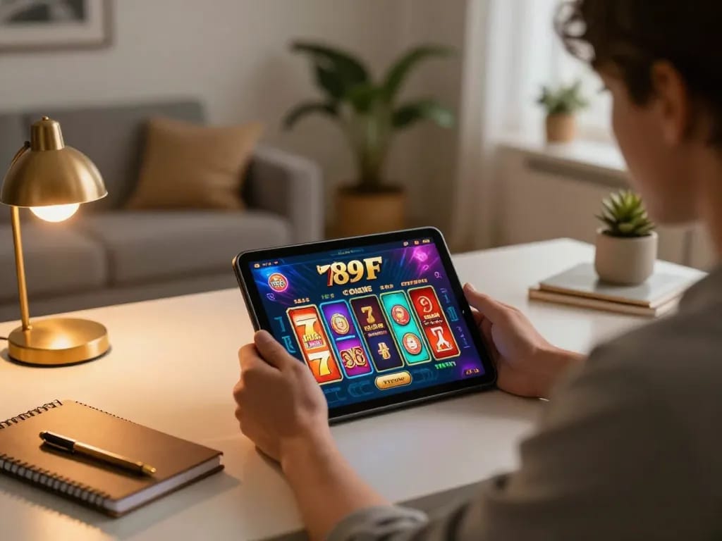 Player engaging in online gaming at 789f đăng nhập using tablet, warm home atmosphere