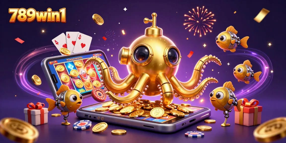 Engage in thrilling gaming with 789win1, featuring a golden kraken submarine amidst dynamic slots and casino elements.
