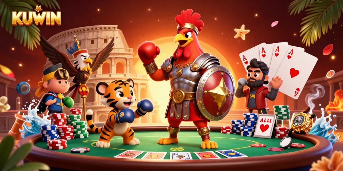 Win big with KUWIN as a gladiator rooster challenges opponents in a lively gaming arena.