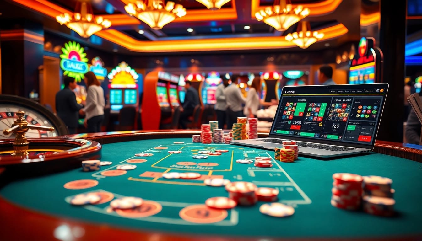 Gambling excitement at a vibrant casino poker table with Nhacaiuytin featured elements.