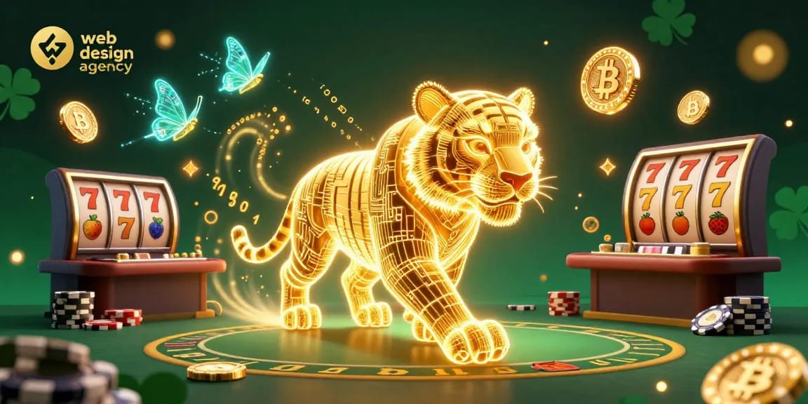 Engage with a captivating web design agency scene featuring a neon tiger and casino elements.