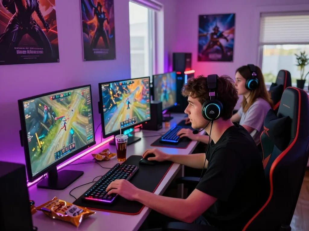 Engaged gamers enjoying multiplayer experience on dewi100 platform with vibrant setup.