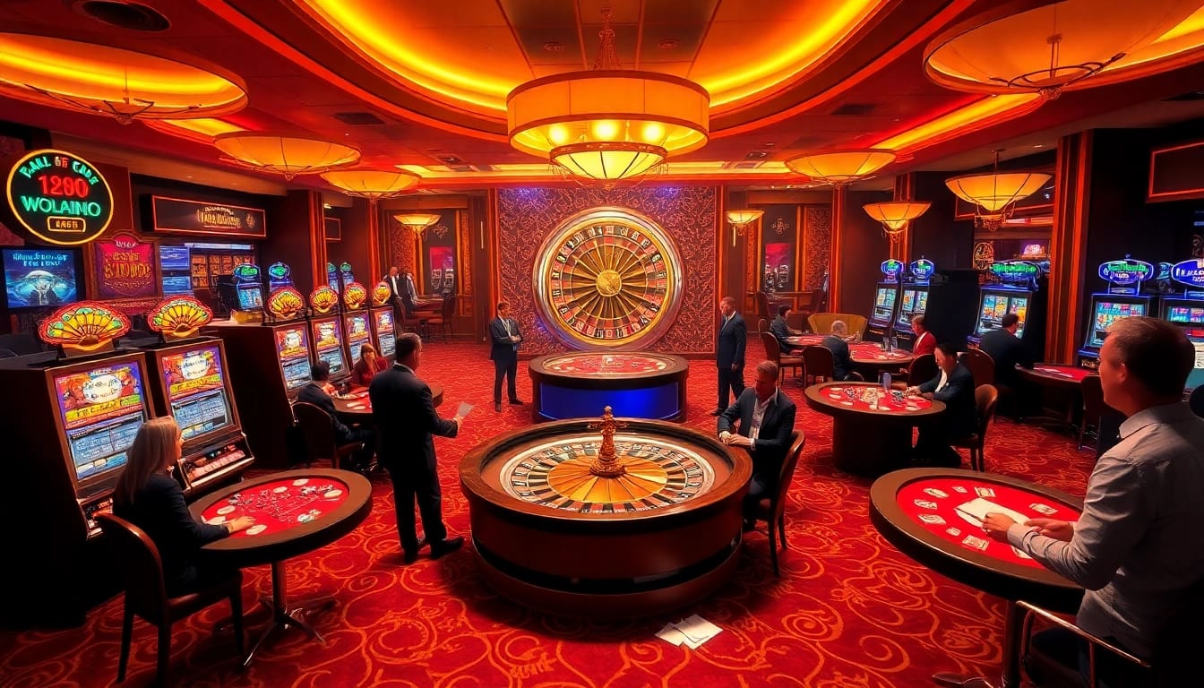 SODO Casino scene with lively players engaging at poker tables, slot machines, and roulette.