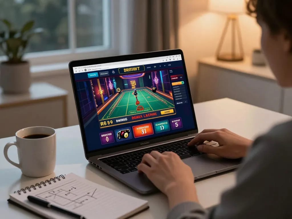Engaging with 789club online casino game on a laptop at home, showcasing strategic gameplay.