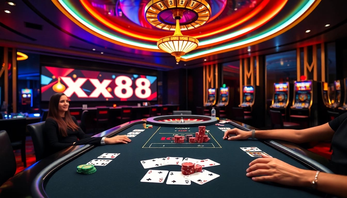 Exciting poker game at nhà cái xx88 featuring vibrant chips and dynamic betting action.