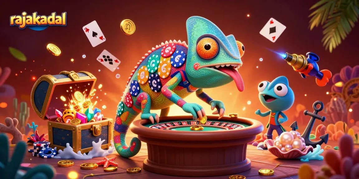 Menangkan hadiah di rajakadal dengan chameleon pemilik kasino yang menarik koin emas dari meja.