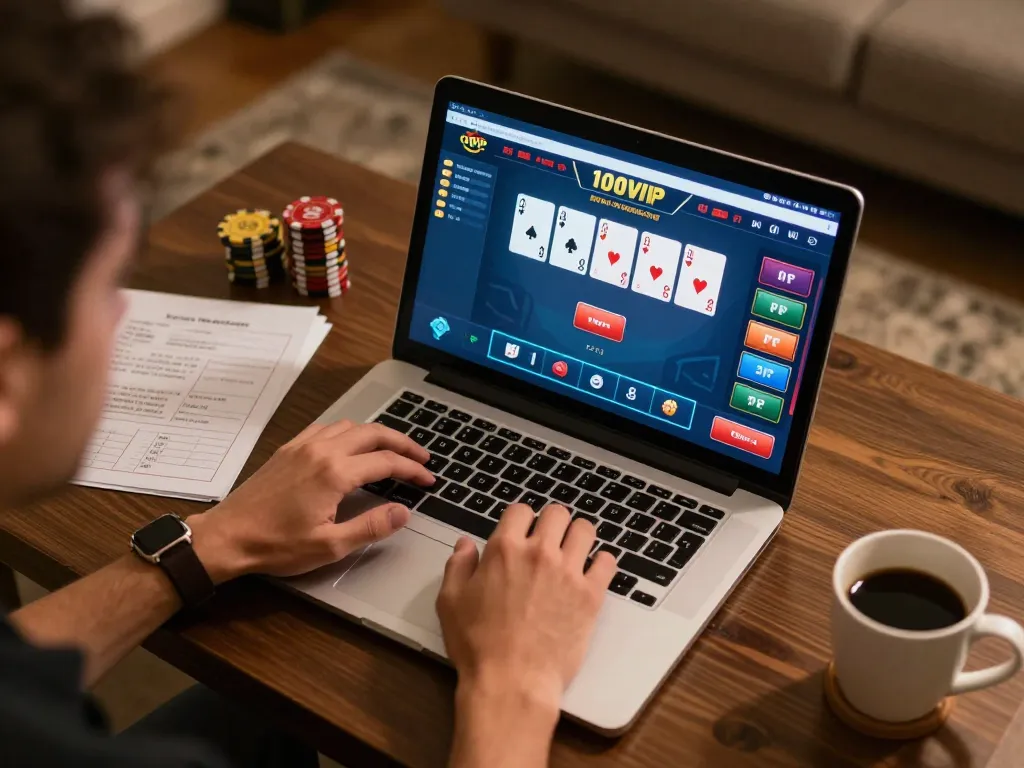 Engaging in poker gameplay on 100VIP with personalized strategy notes and a warm atmosphere