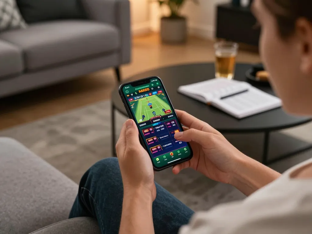 Engage with the tải app MM88 on your mobile, enjoying a vibrant betting experience in a cozy home setting.