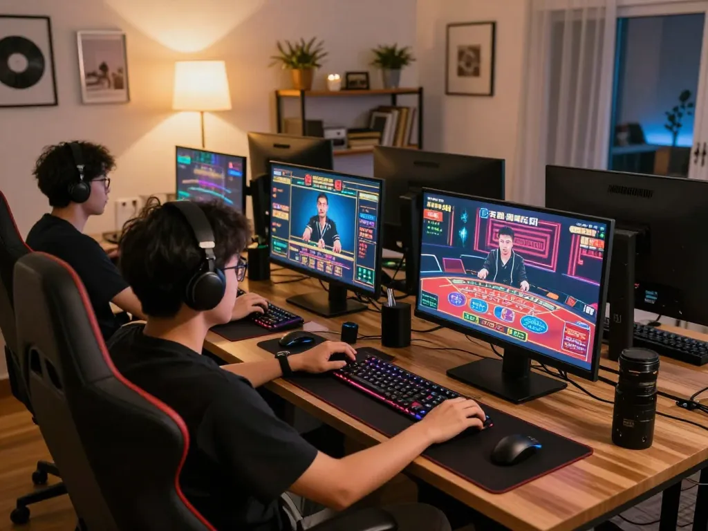 Player engaged in online casino gaming at bk8 from home, surrounded by vibrant colors and modern setup.