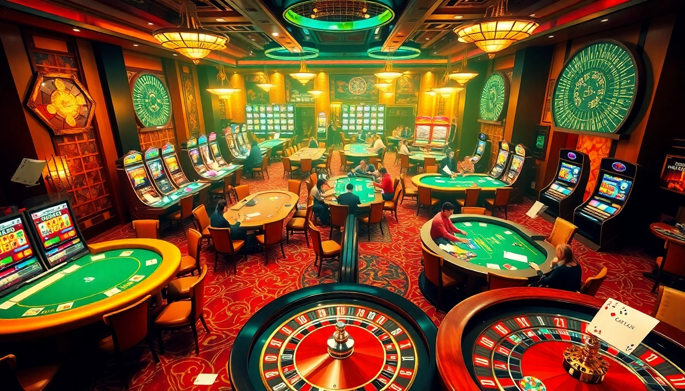 Experience the thrilling bet88247 casino atmosphere with poker tables, flashing slot machines, and roulette excitement.