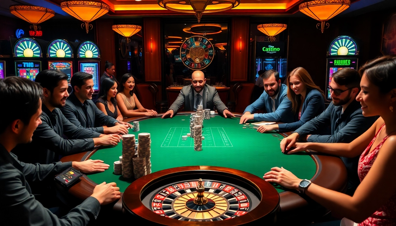 Players enjoying a thrilling poker game at 13Win casino table featuring elegant decor.