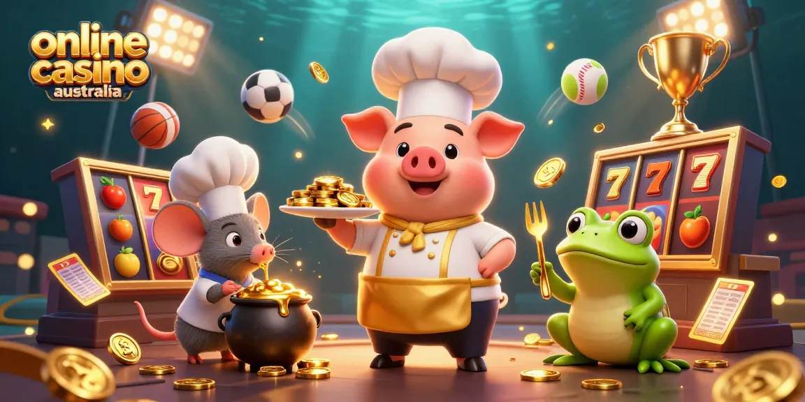 Engage with the dynamic online casino Australia scene featuring a cartoon chef, sports elements, and gold coin treasures.