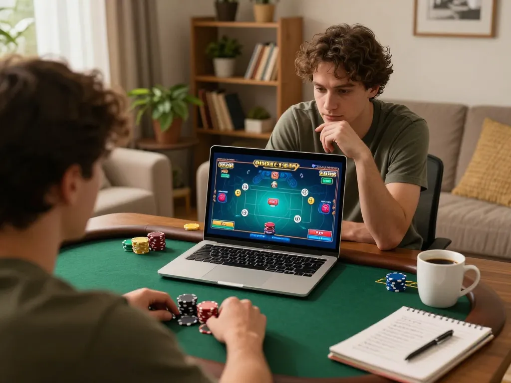 88xx online poker player focused on strategic gameplay in a cozy home setting