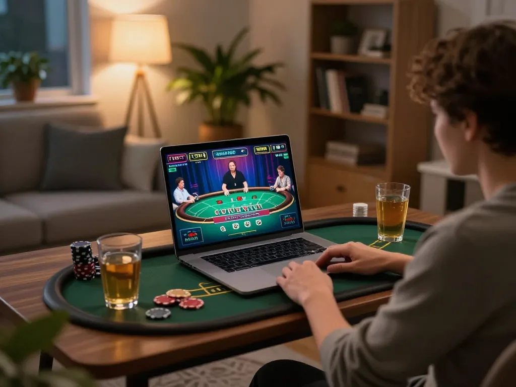 Engaging in live dealer blackjack on laptop at home, showcasing the dynamic m108 gaming experience.