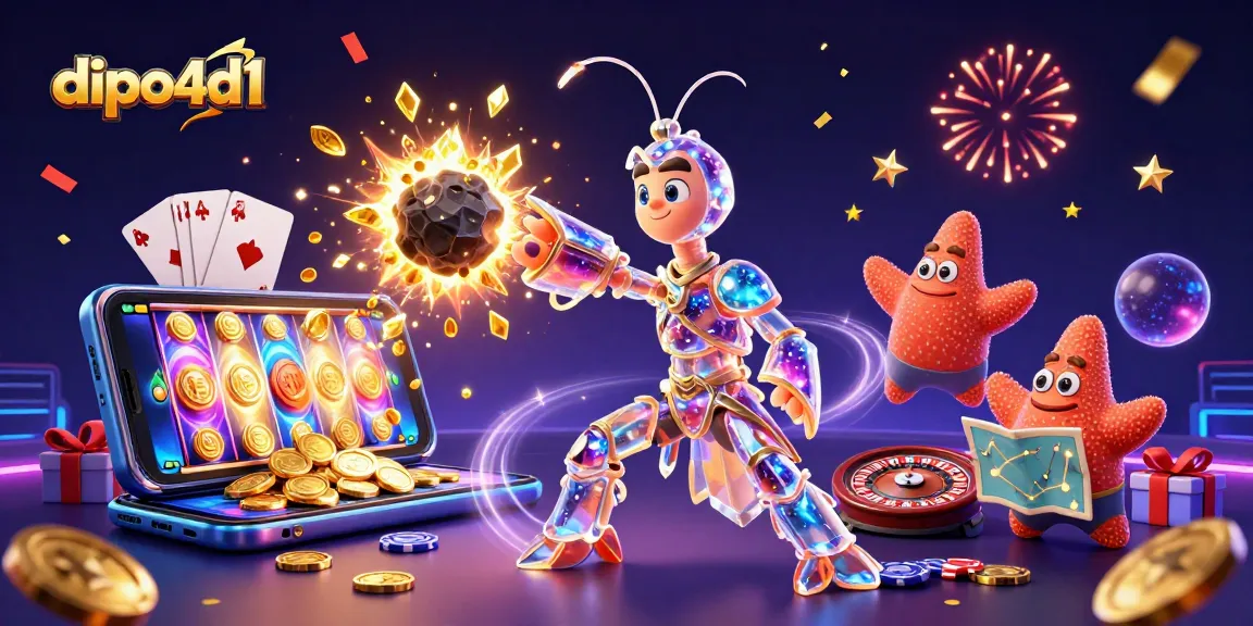 dipo4d1 menunjukkan perabotan kasino yang ceria dengan karakter samurai mantis berjuang melewati asteroid sambil menangkap koin emas.