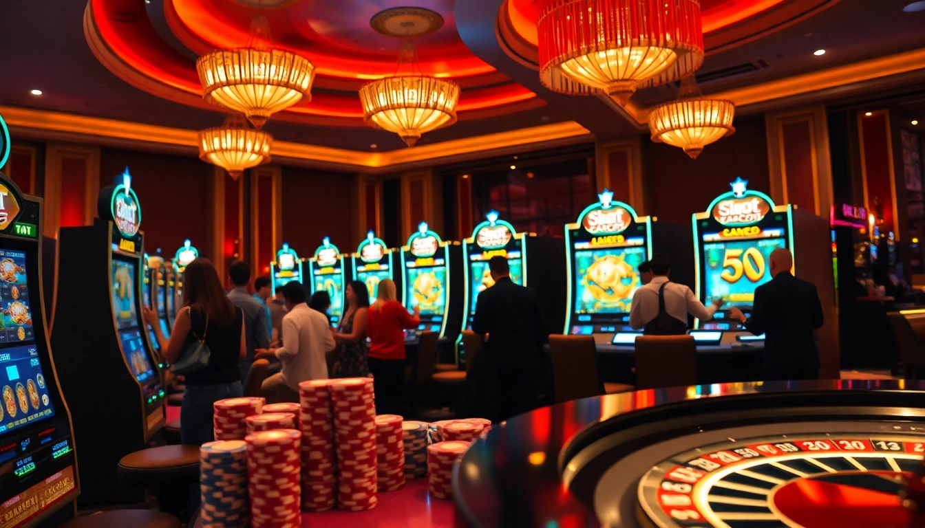 Players enjoying slot gacor machines in a luxury casino setting full of excitement and winning chances.