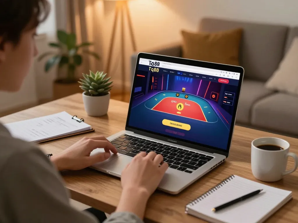 Tg88 đăng nhập on a laptop in a cozy home office, showcasing online gaming experience