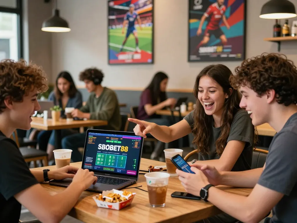 SBOBET88 gaming experience with friends at a coffee shop, enjoying bets and conversation.