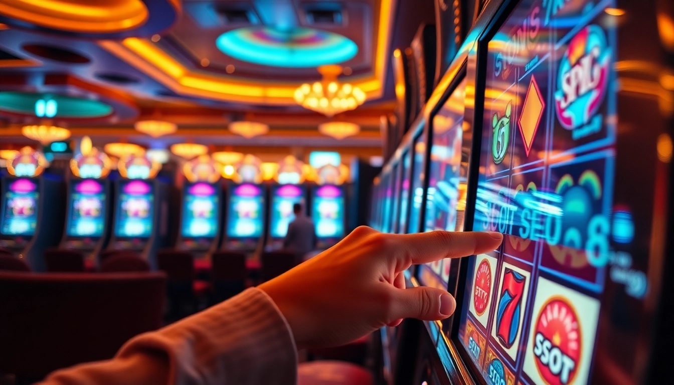 Engaging with slot88 slot machines in a lively casino setting, showcasing vibrant lights and excitement.