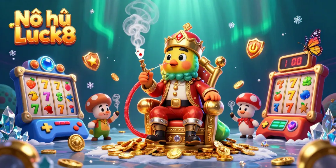 Nổ hũ Luck8 showcases vibrant slot reels and symbols in a rich 3D casino scene.