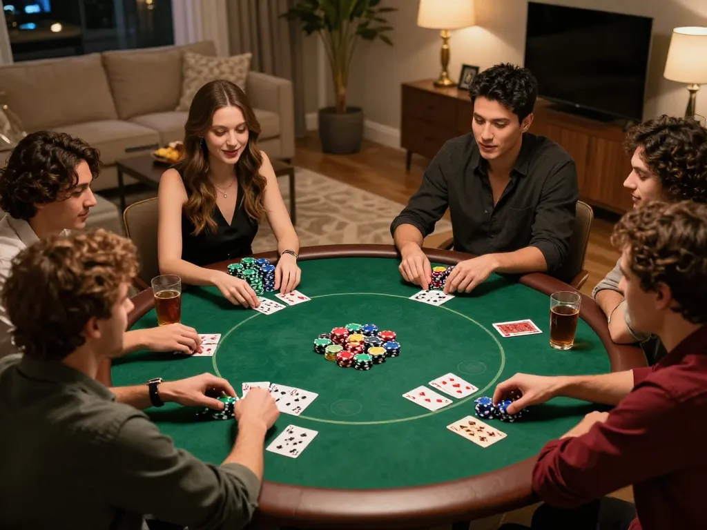 F168 players enjoying an exciting poker game at home, showcasing poker chips and cards.