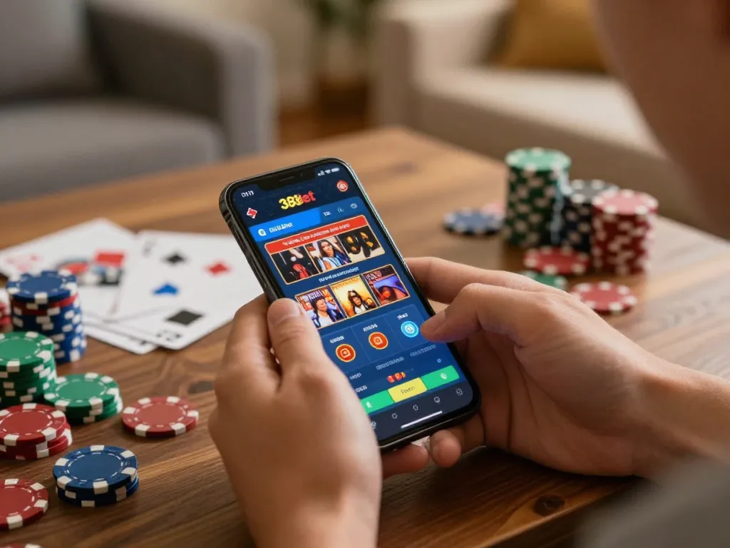 Engaging mobile gaming experience with 388bet app in a cozy atmosphere promoting responsible gambling.