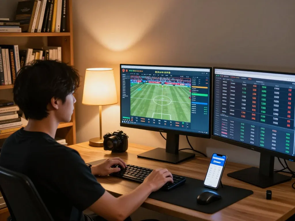 Person analyzing live sports betting on 98winlive, showcasing advanced strategies in a modern home office setup