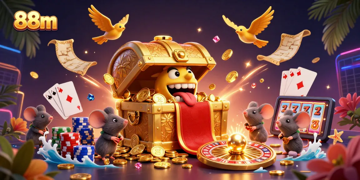 Experience riches with 88m's thrilling casino games, capturing excitement and adventure in digital illustration.