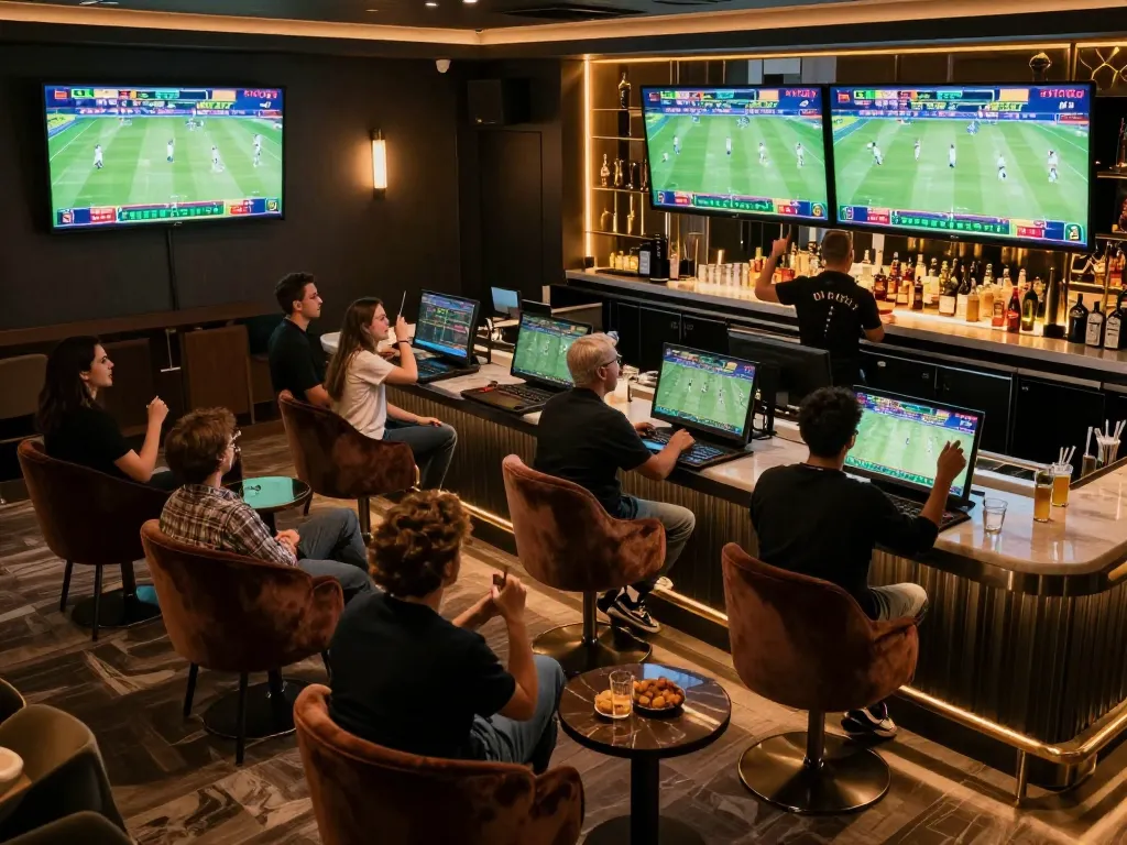 Soi Kèo betting strategies discussed in a luxury lounge with screens showing live matches.