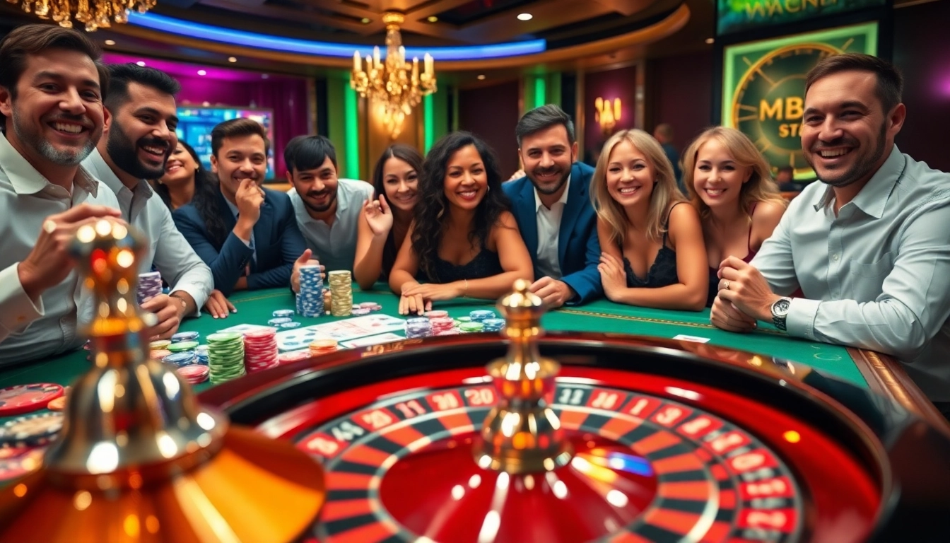 Players enjoying an engaging gambling experience with MB66-themed betting elements, vibrant casino atmosphere.